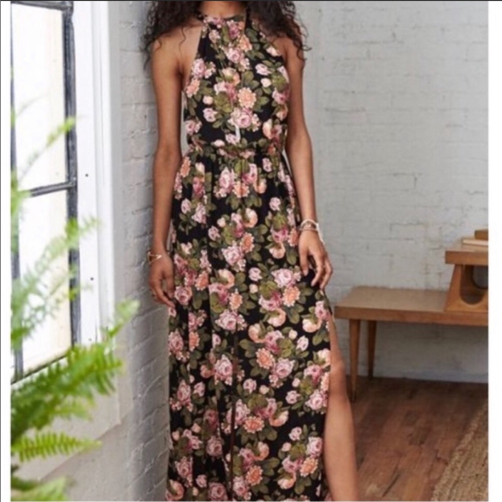 American Eagle Outfitters Black Floral Maxi Dress with Pink & Green Print